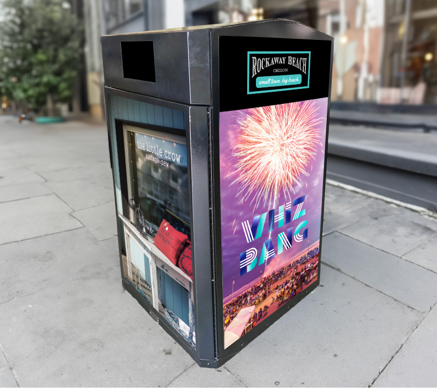 Beach trash can graphics fireworks